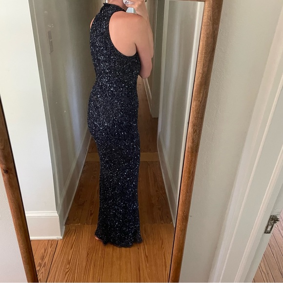 Parker Black Navy Sequin High Neck Halter Maxi Gown Dress Formal Wedding Prom - Picture 5 of 14